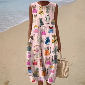 Sónia - Vestido de Praia Midi com Estampado de Gatos Sem Mangas